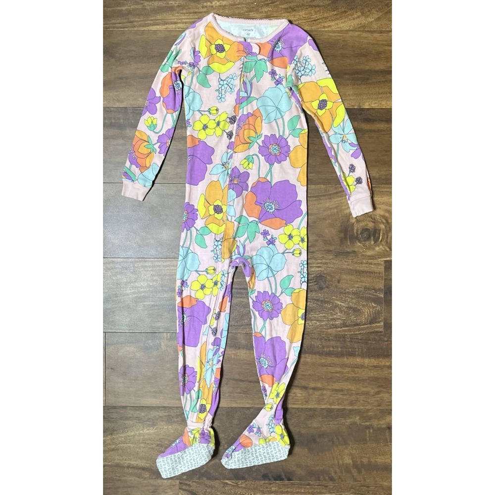 Carter's One Piece Footed Pajama Pink Colorful Flowers Groovy Girls Size 4T